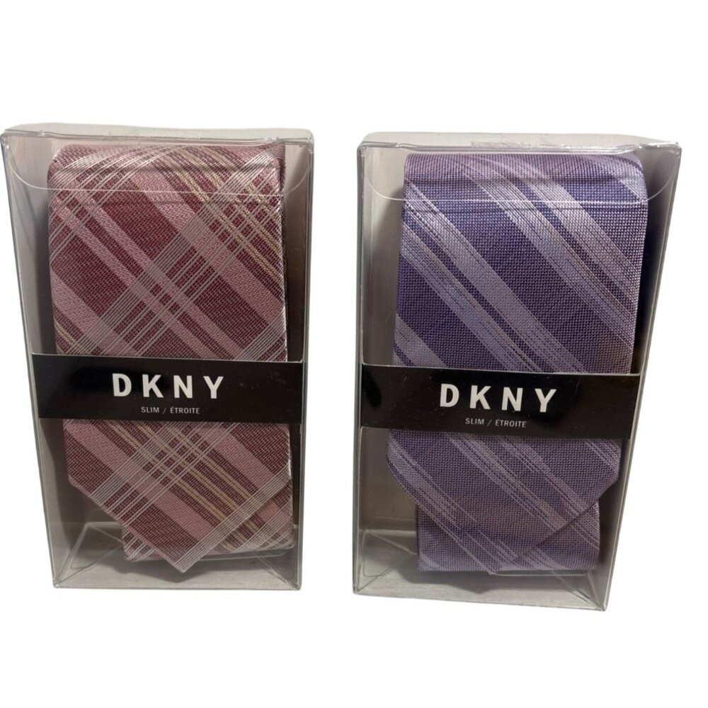 DKNY Ties Slim Plaid Purple & Pink 100% Polyester New